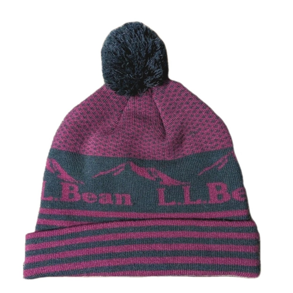 L.L.Bean‎ Adult Knit Winter Beanie Hat Pom Pom Katahdin Plum Navy Blue Striped